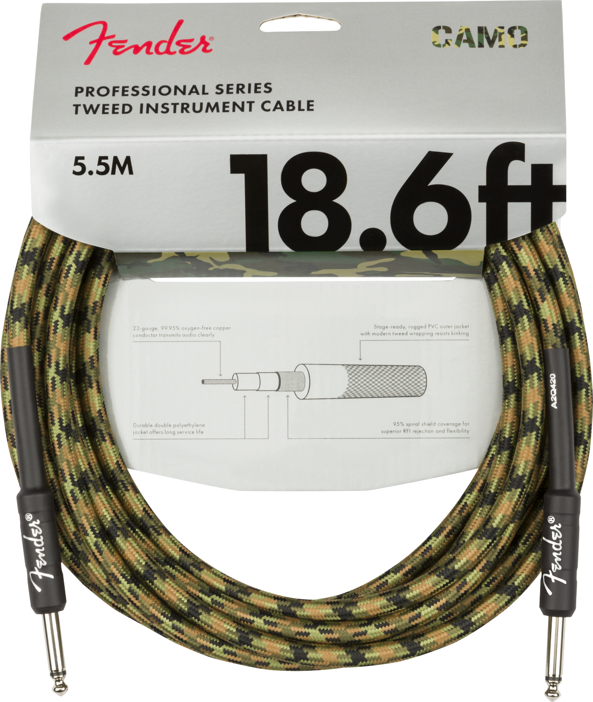 Fender Professional Series Instrument Cable, Straight/Straight, 18.6'- Woodland Camo