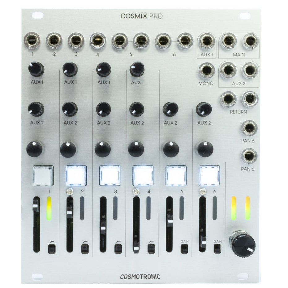 A professional silver mixer console for Eurorack systems with multiple audio channels, control knobs, and patch points.