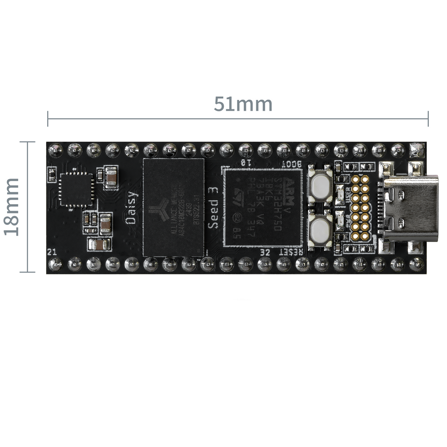 A small electronic development board shown on a white background with dimension labels indicating 51mm length and 18mm height, plus a U.S.