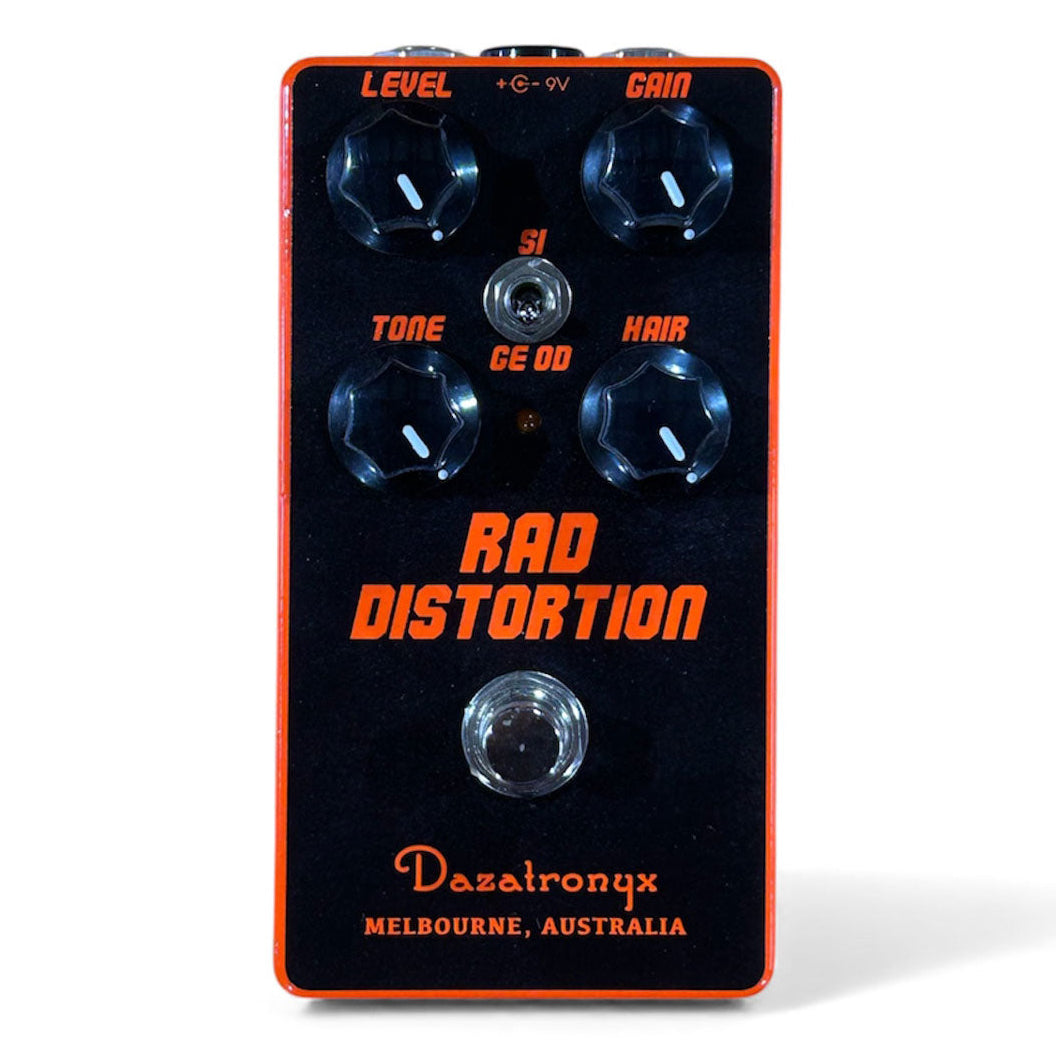 Guitar effects pedal with 'Rad Distortion' branding on a white background