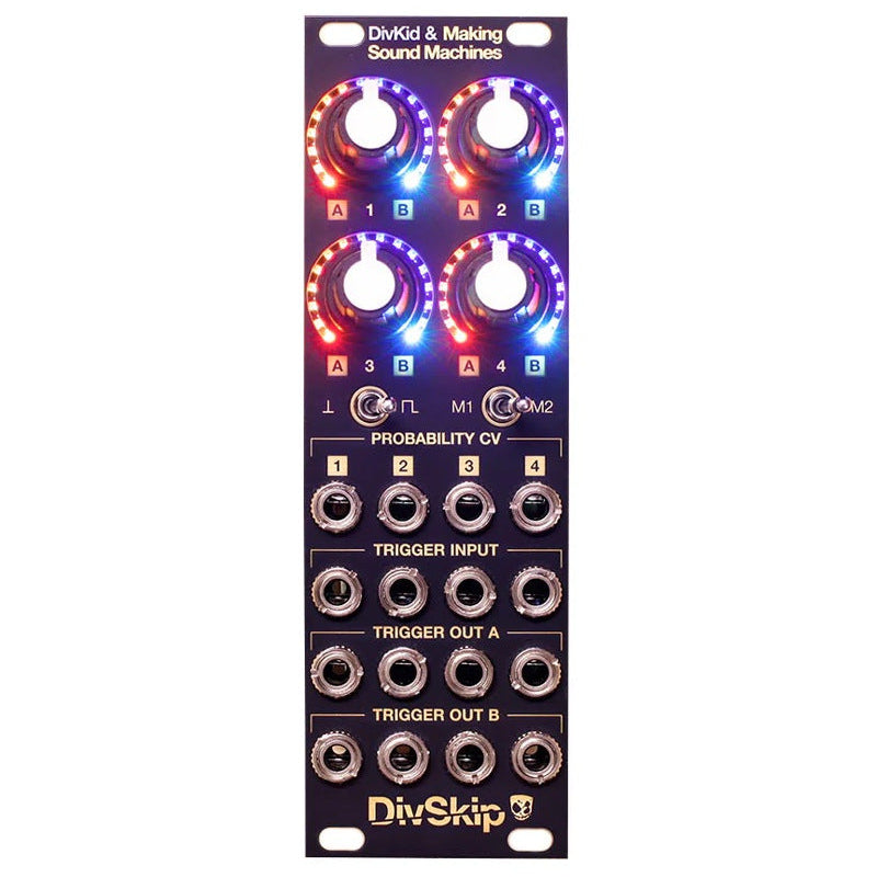 An electronic musical instrument module with LED illuminated knobs and switches, labeled 'DivKid Skip Multimode Rhythmic Powerhouse'.