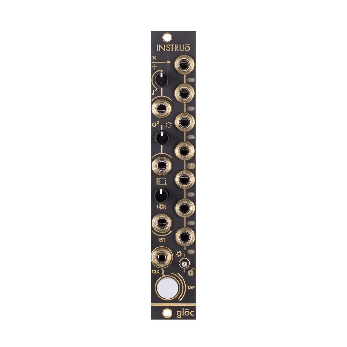 A black modular clock generator/processor module labeled 'Instruo Glóc' with multiple clock outputs.