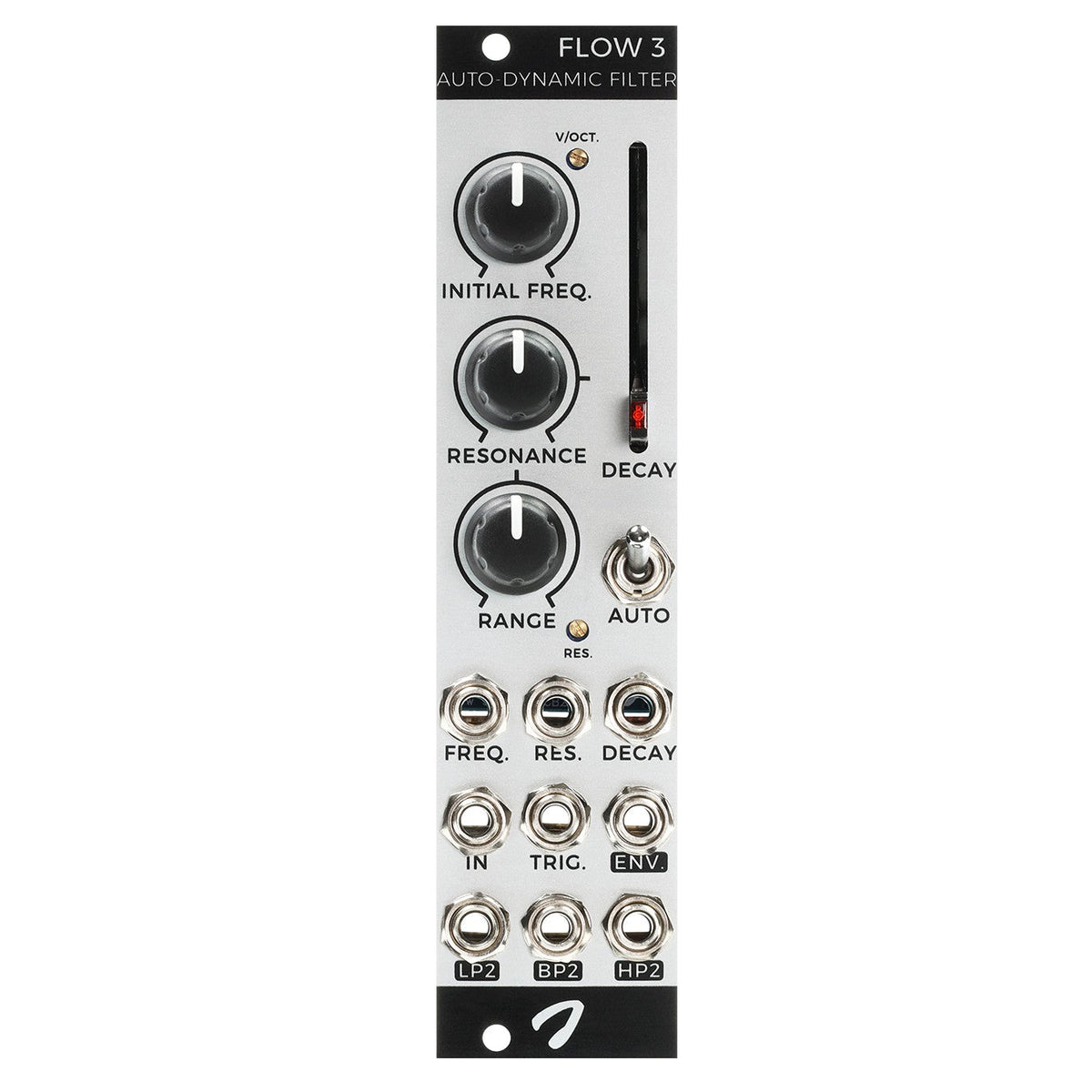 Electronic filter module with various knobs and labels on a white background
