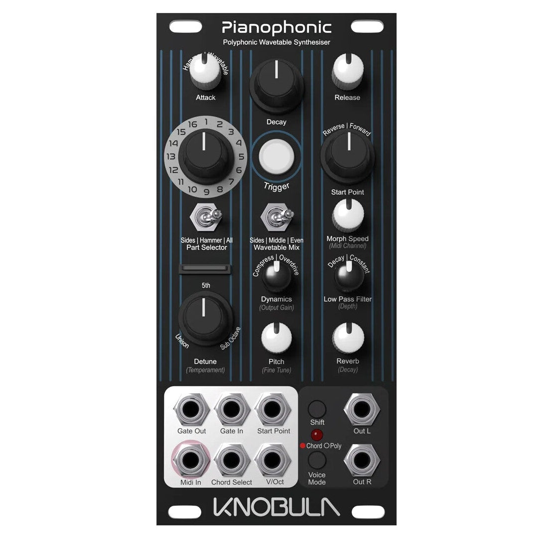 Knobula Pianophonic Polyphonic Waveform Synthesizer module, featuring a black faceplate with blue vertical stripes, black rotary knobs, white text labels, and a silver metal input/output section at the bottom.