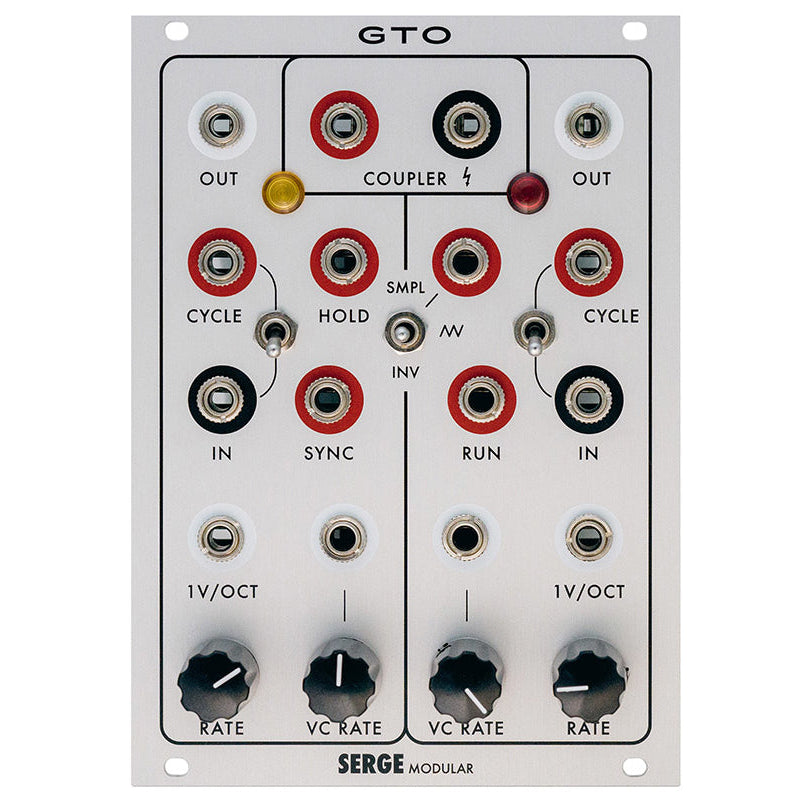 A silver Serge Modular GTO Complex Dual Oscillator Eurorack Module with various control knobs and connections on the front panel.
