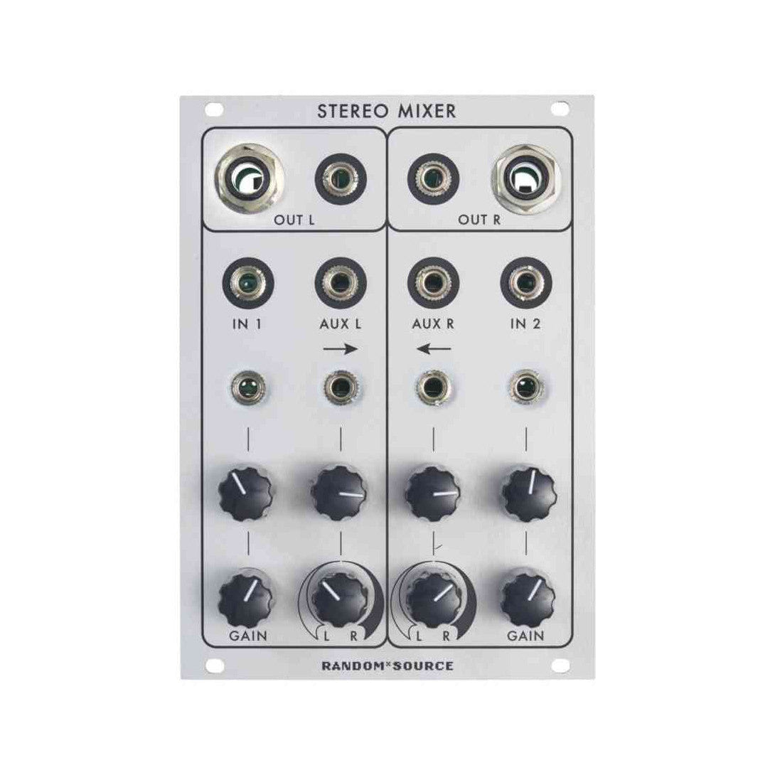 Serge Modular Stereo-Mixer (Muses-Edition) Eurorack module with 2 input and 2 output channels, silver finish with knobs and switches for control.