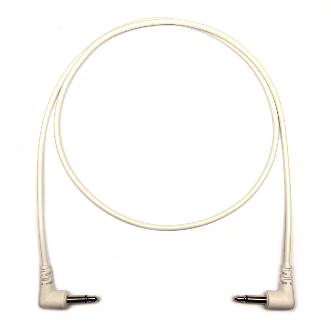 A slimline eurorack patch cable with right angle 3.5mm plugs, white in color, 60cm in length.