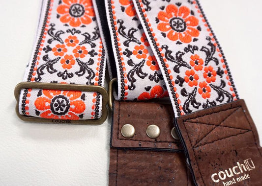 Couch Straps Cork and Orange Flowers Hippie Weave Guitar Strap
