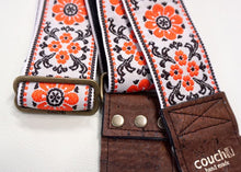 Load image into Gallery viewer, Couch Straps Cork and Orange Flowers Hippie Weave Guitar Strap