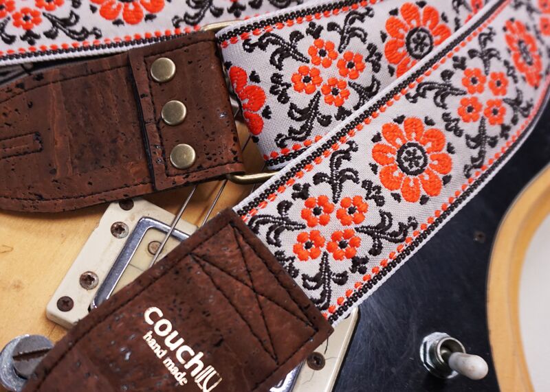 Couch Straps Cork and Orange Flowers Hippie Weave Guitar Strap