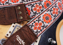 Load image into Gallery viewer, Couch Straps Cork and Orange Flowers Hippie Weave Guitar Strap