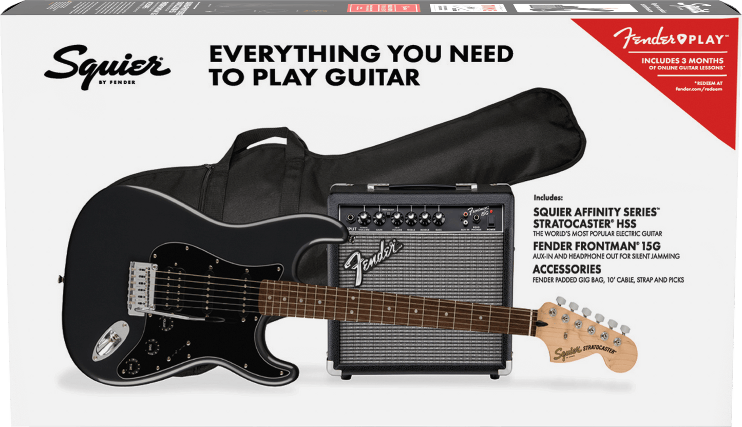 Fender Squier Affinity Series Stratocaster HSS Pack - Charcoal Frost Metallic with Frontman 15G