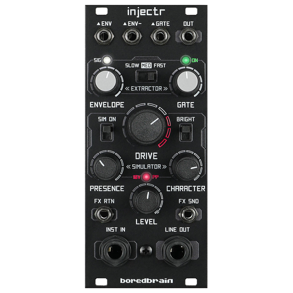 A black modular electric guitar and bass interface module named 'Injectr' by BoredBrain, featuring various knobs, buttons, and inputs/outputs.