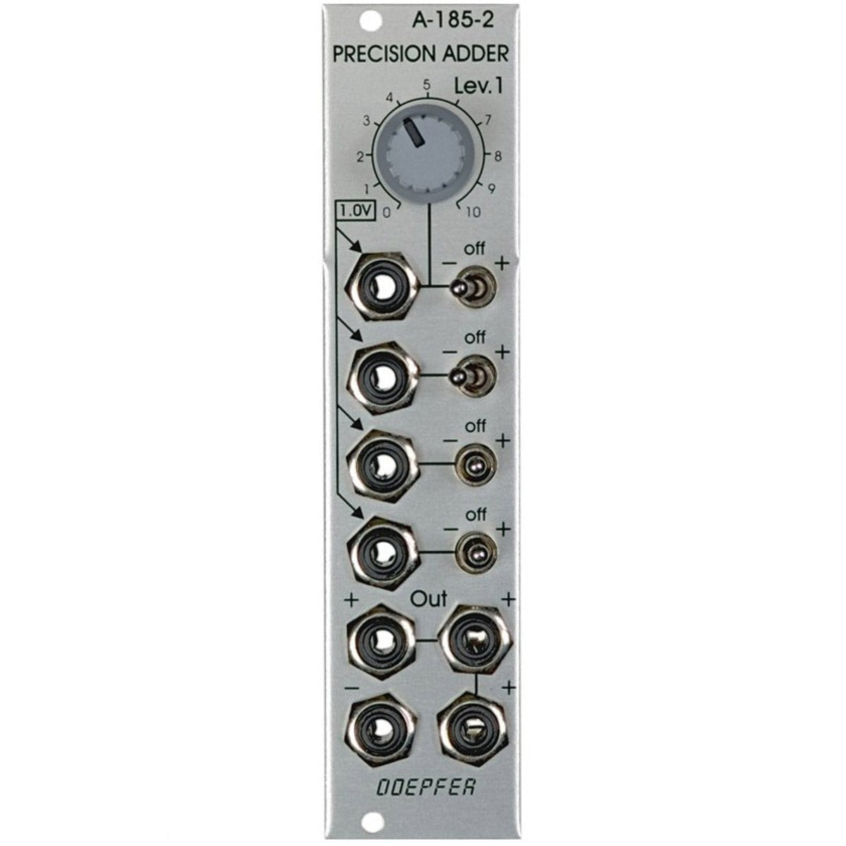 A Doepfer A-185-2 Precision Adder/Bus Access module for Eurorack systems, featuring silver color, multiple knobs, and inputs/outputs.