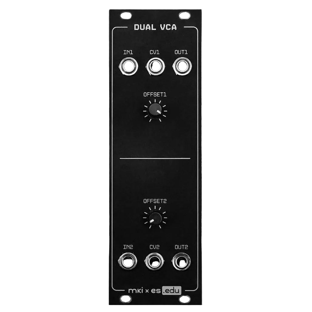 A black Erica Synths mki x es.EDU EDU DIY VCA Kit, featuring knobs and switches on the front panel, designed for use in an eurorack system.