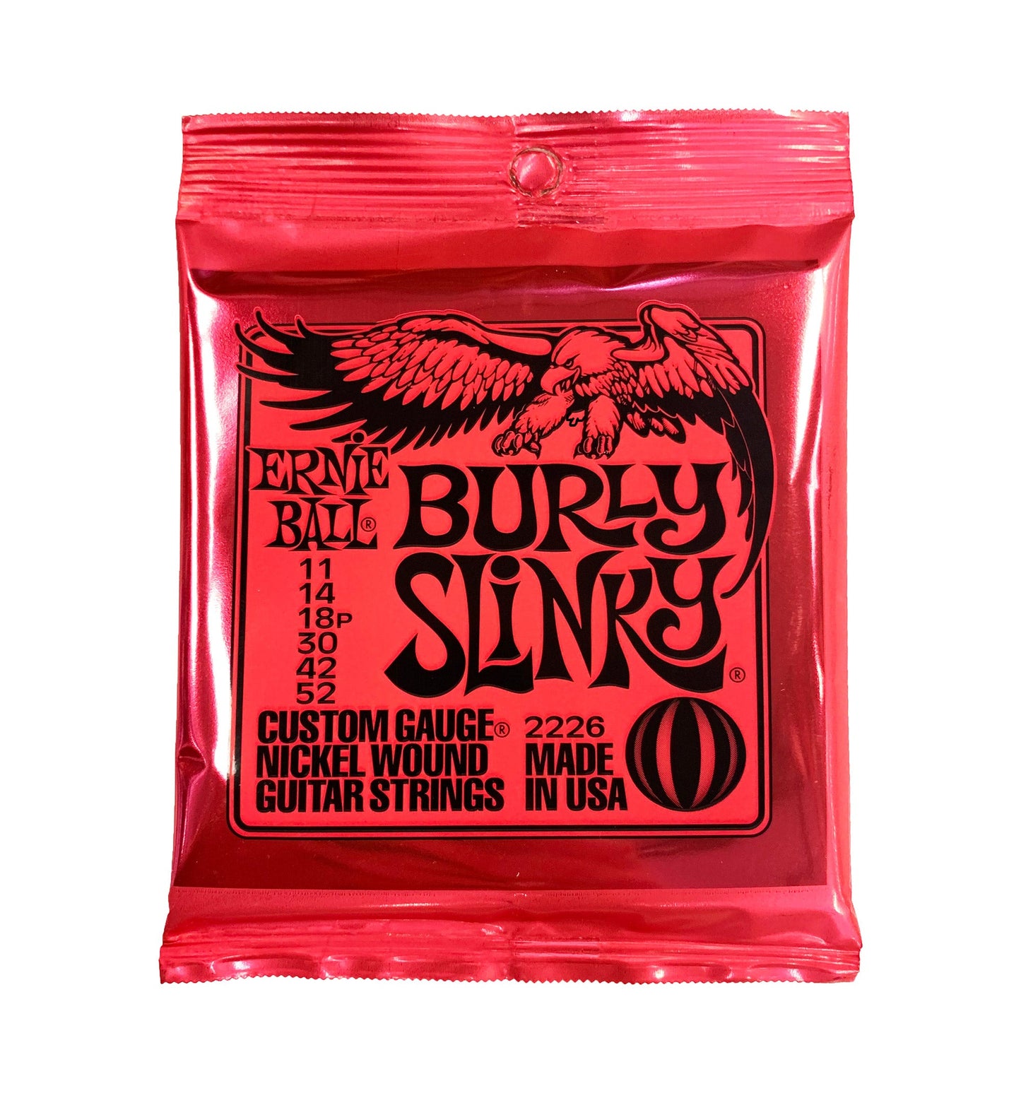 A pack of Ernie Ball Burly Slinky guitar strings with a red and black color scheme, displaying the gauges of the strings and the text 'Custom Gauge Nickel Wound Guitar Strings', including the brand logo.
