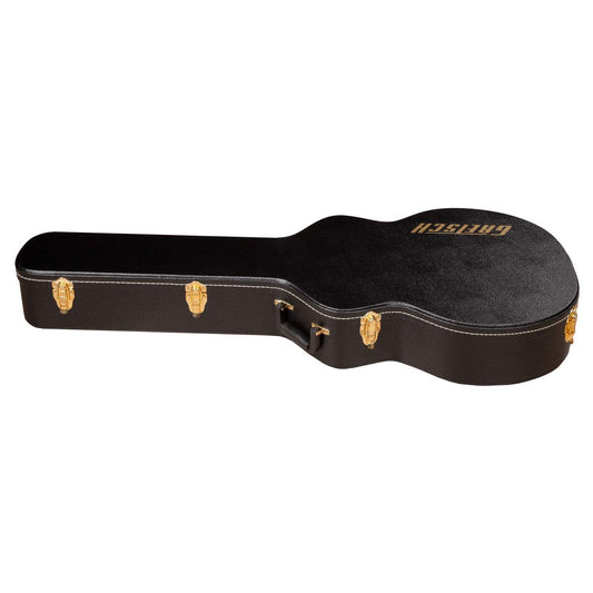 Black Gretsch hollow body flat top hardshell guitar case with gold accents.