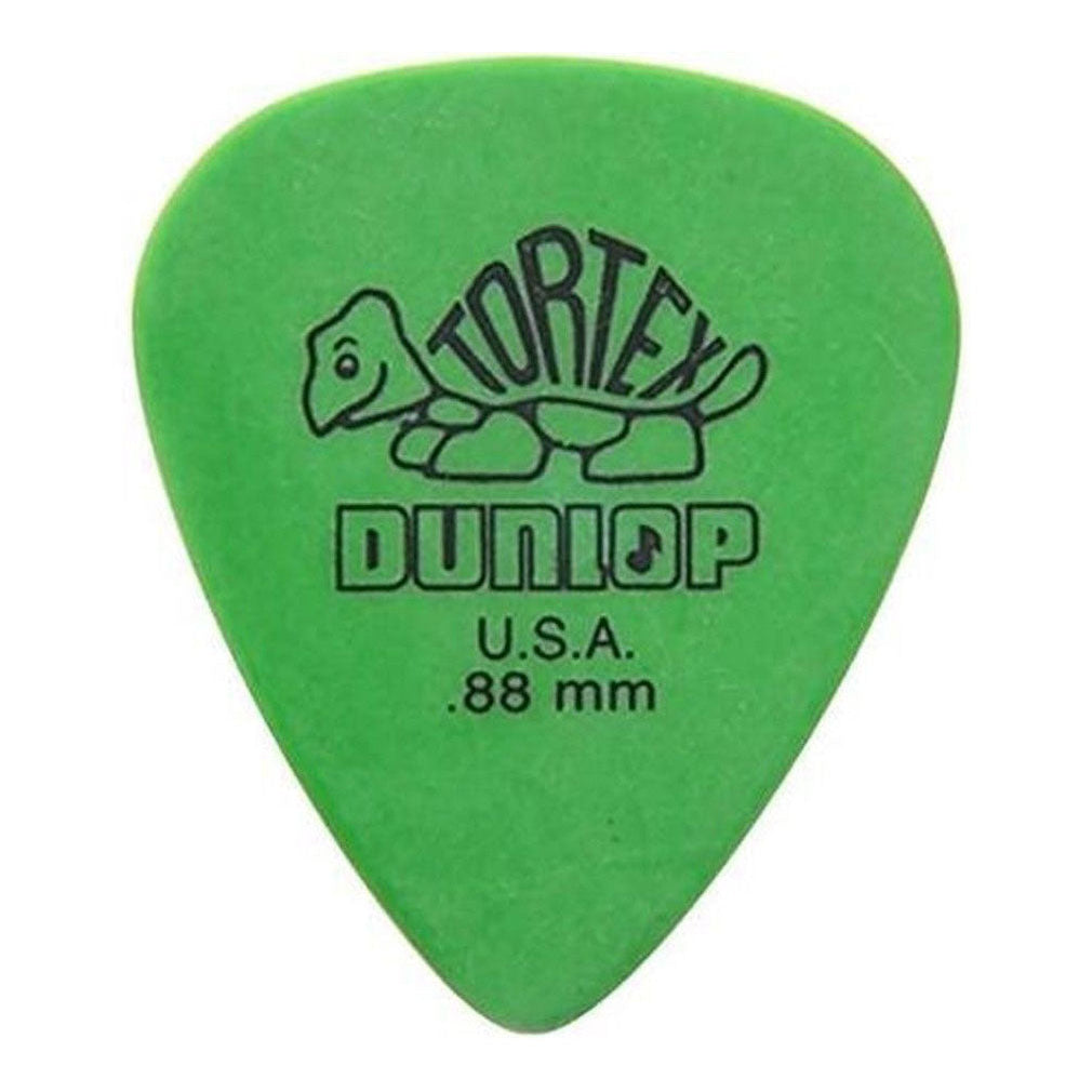 A green guitar pick with the 'Tortex Dunlop' logo and the text '.88 mm' indicating the thickness.