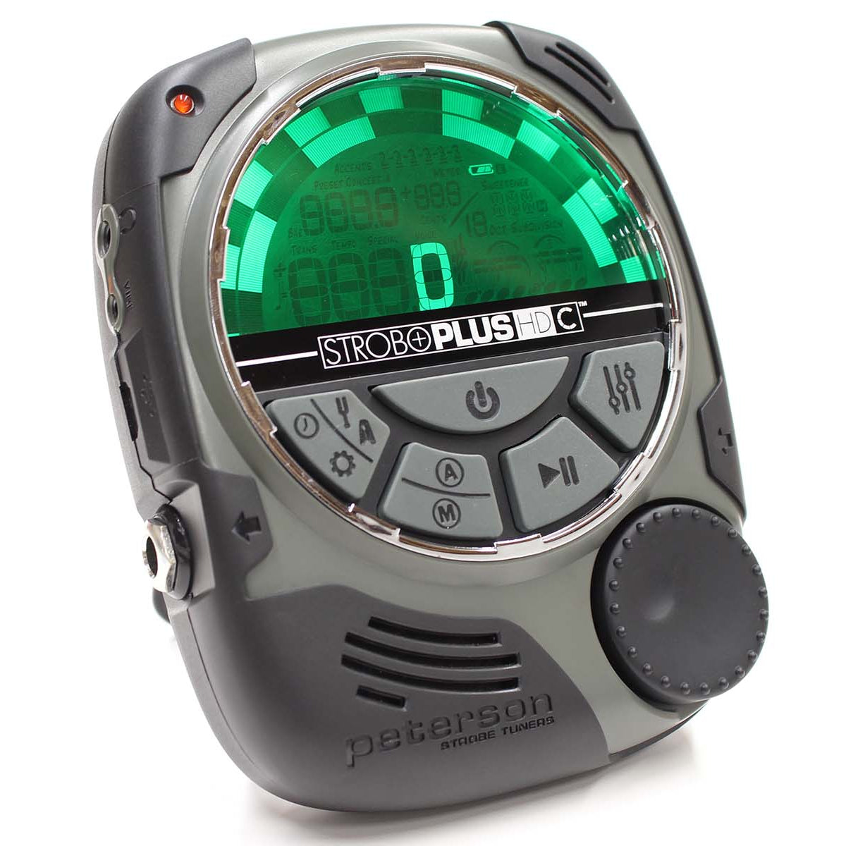 A digital chromatic tuner with a large screen displaying various instrument tunings, buttons for navigation and settings, and a built-in microphone.
