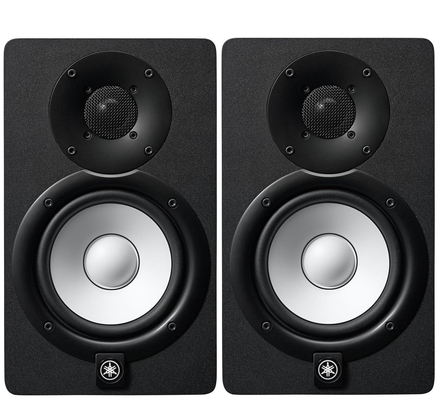 A pair of Yamaha HS5 powered studio monitors with a black finish, featuring a 5-inch cone woofer and a 1-inch dome tweeter.