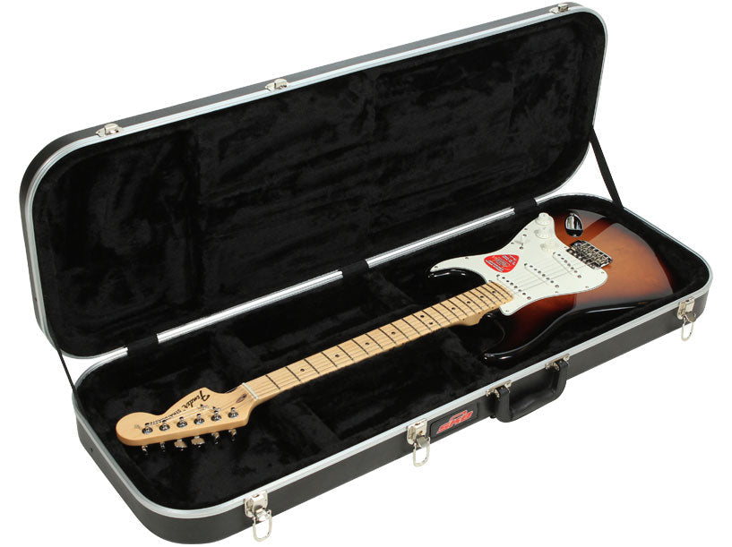 A rectangular, black electric guitar case made of plastic material, with a deluxe EPS plush lined interior, shown open and containing a brown electric guitar.