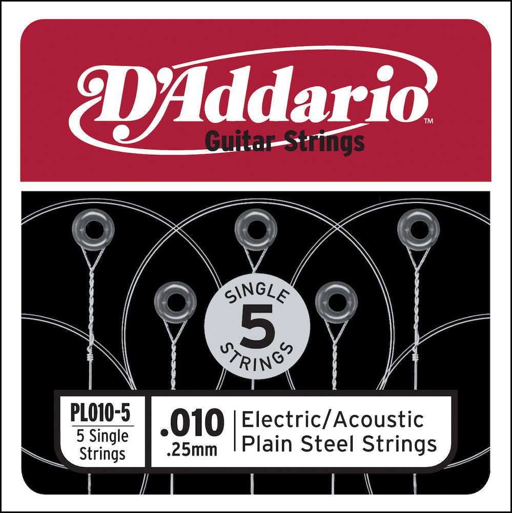 D'Addario PL010-5 Plain Steel Guitar Single String, .010 5-pack