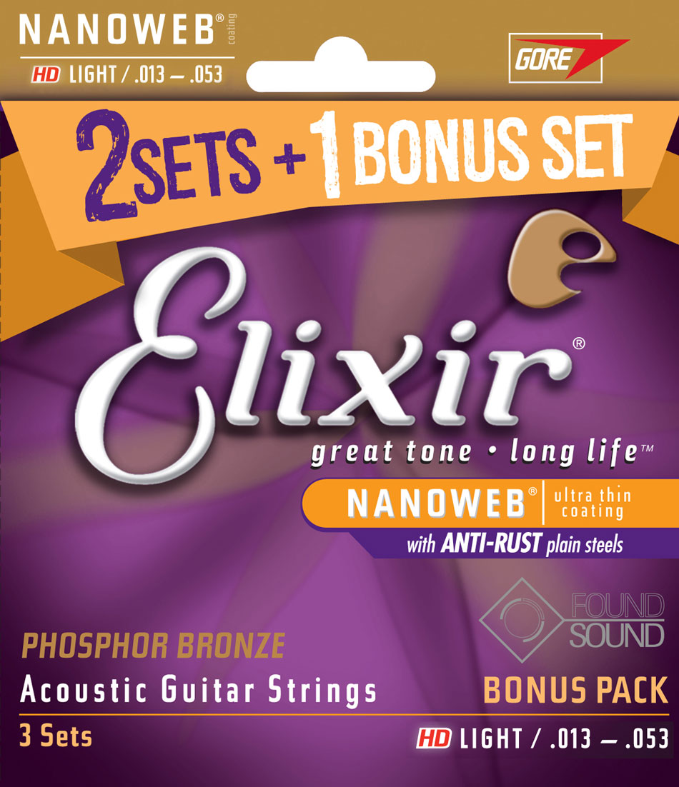 Elixir 16545 Nanoweb Phosphor Bronze Light 3 Sets for the price of 2