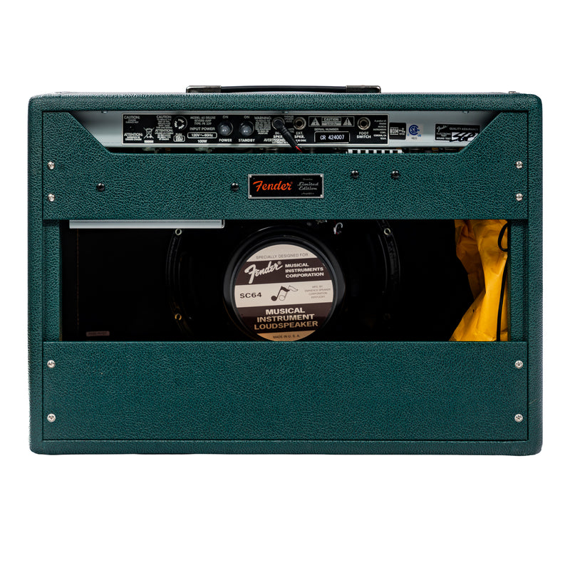 Green Fender '65 Deluxe Reverb guitar amplifier on a white background