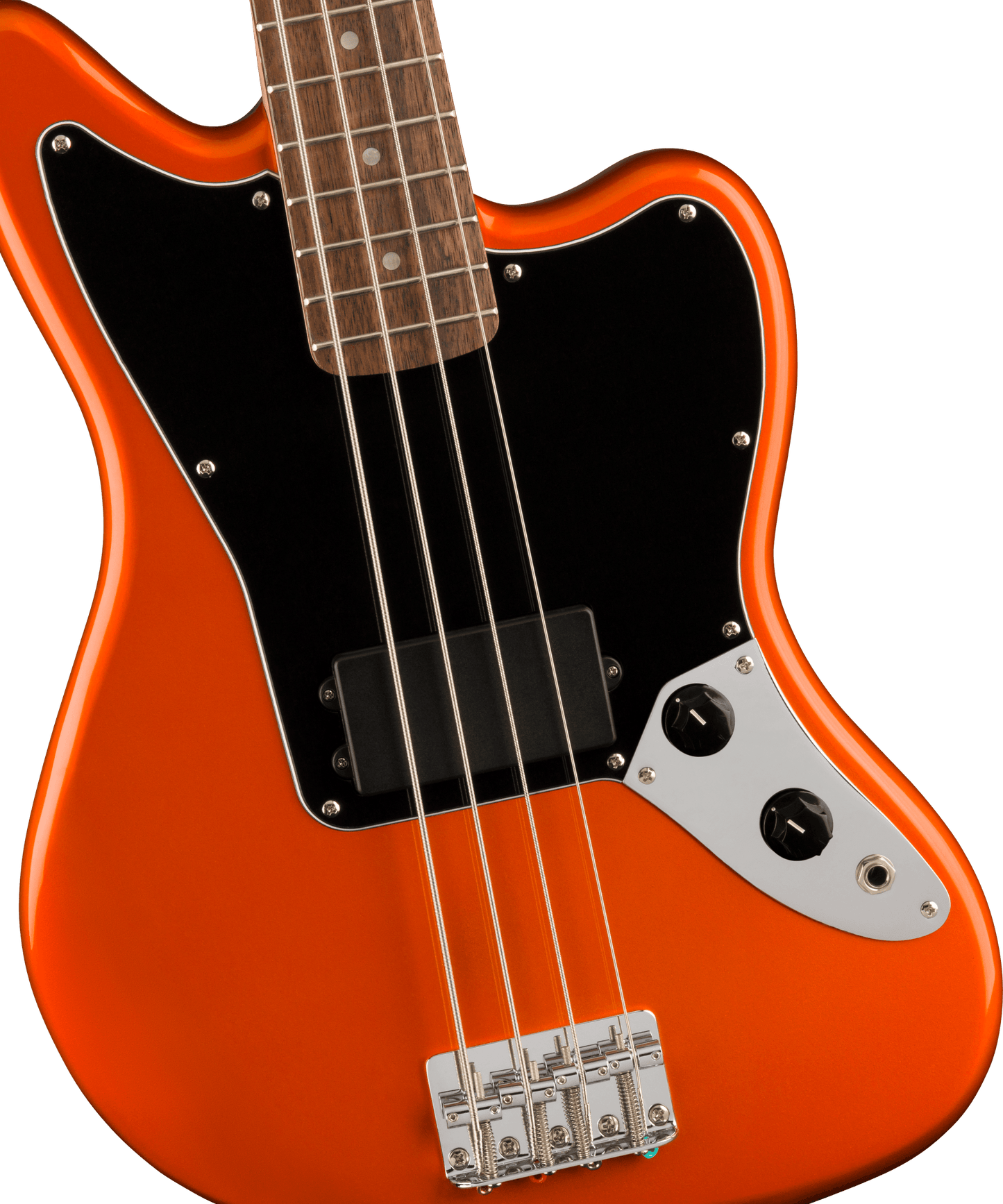 Fender Squier FSR Affinity Series Jaguar Bass H Laurel Fingerboard Black Pickguard Matching Headstock Metallic Orange