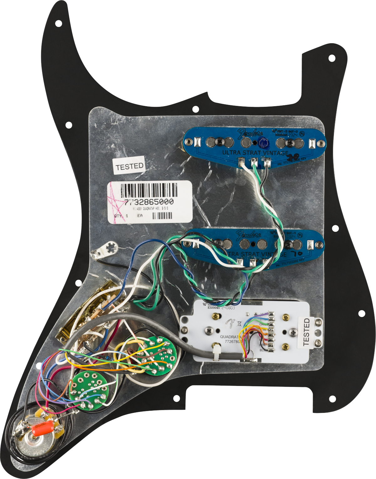 Fender Pre-Wired Strat Pickguard Quadra Tap/Ultra Noiseless HSS 11 Hole PG - Black