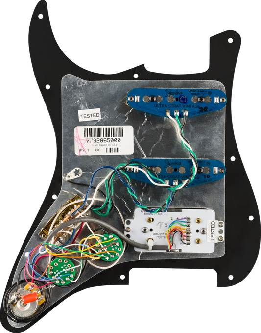 Fender Pre-Wired Strat Pickguard Quadra Tap/Ultra Noiseless HSS 11 Hole PG - Black
