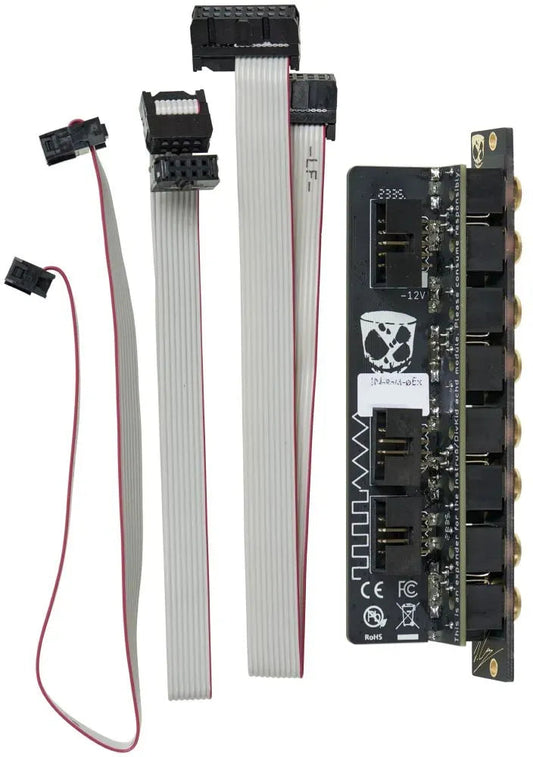 Modular Synth components including module, and ribbon cables on a white background