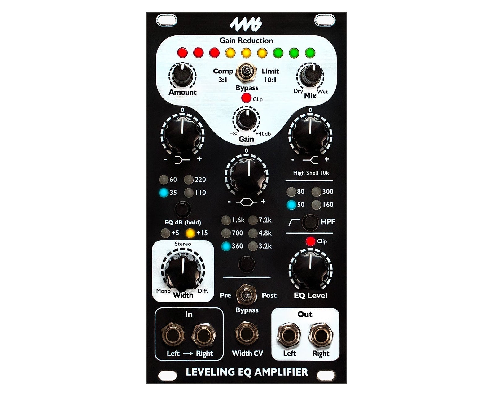 Leveling EQ amplifier module with various knobs and labels on a white background