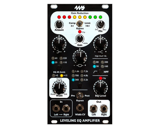 Leveling EQ amplifier module with various knobs and labels on a white background