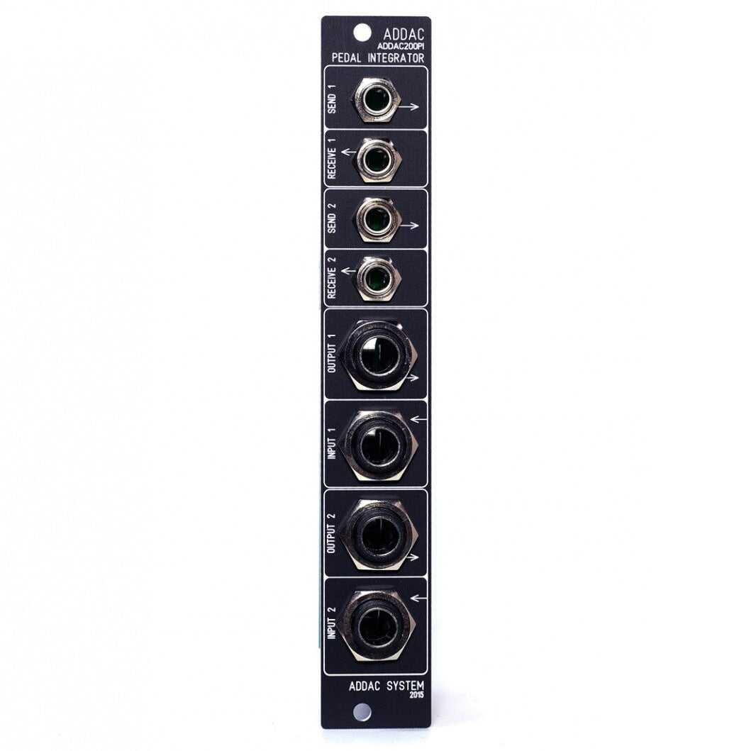 An ADDAC Systems ADDAC200PI Pedal Integrator audio interface module with six input and output jacks, shown vertically on a plain white background.