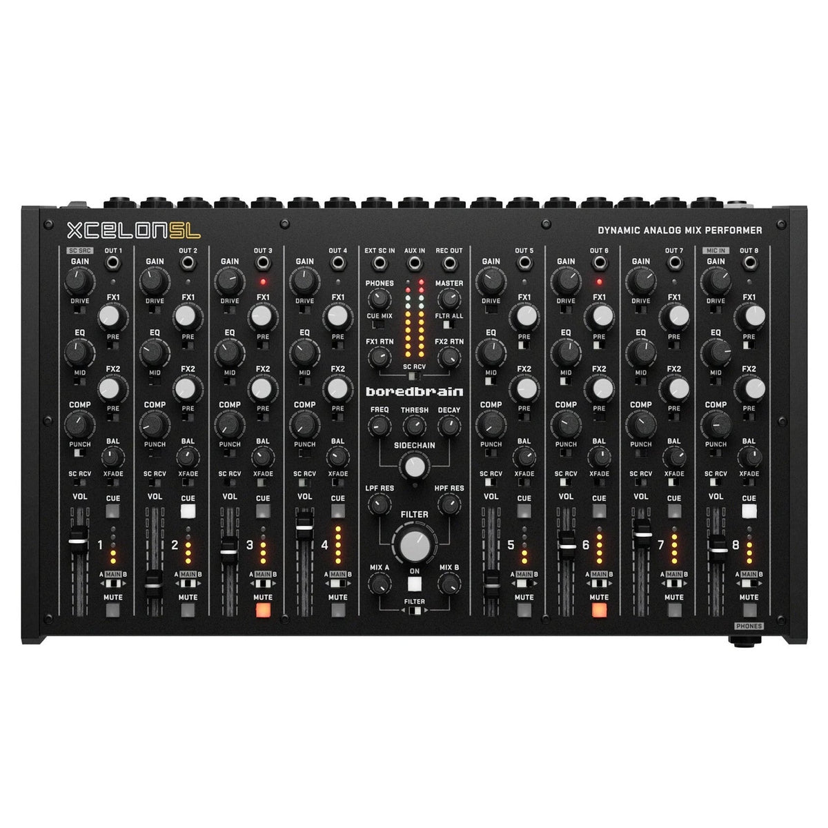 Xcelon SL Bored Brain Dynamic Analogue Mix Performer DJ mixer console, featuring 16 channels with knobs, faders, and orange LED indicators, shown against a plain white background.