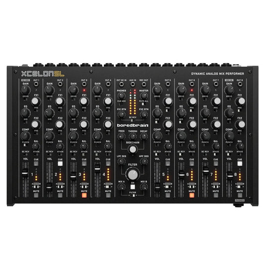 Xcelon SL Bored Brain Dynamic Analogue Mix Performer DJ mixer console, featuring 16 channels with knobs, faders, and orange LED indicators, shown against a plain white background.