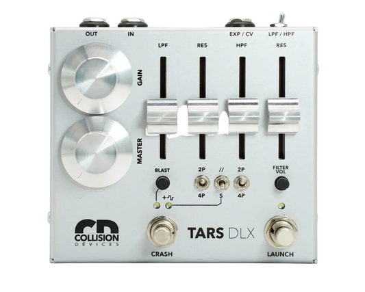 Guitar effects pedal with various controls and branding on a white background