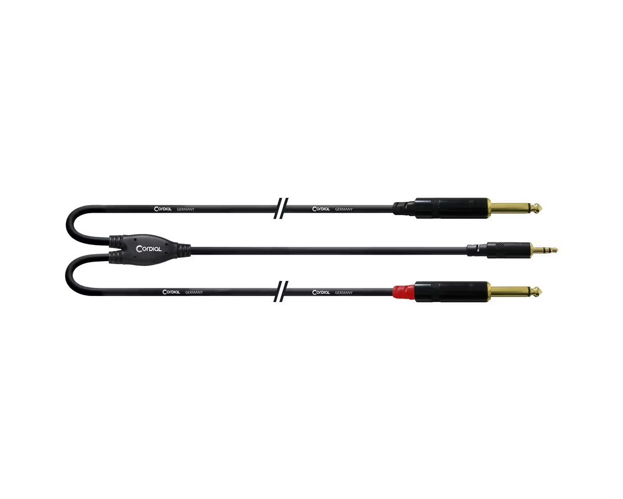 Cordial Essentials REAN Plug 3.5mm Stereo Gold to 2x Plug 6.3mm Mono Gold - Long Pigtail Side (1.5m)