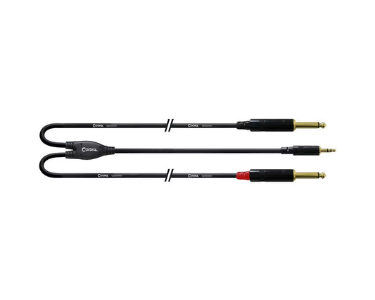 Cordial Essentials REAN Plug 3.5mm Stereo Gold to 2x Plug 6.3mm Mono Gold - Long Pigtail Side (1.5m)
