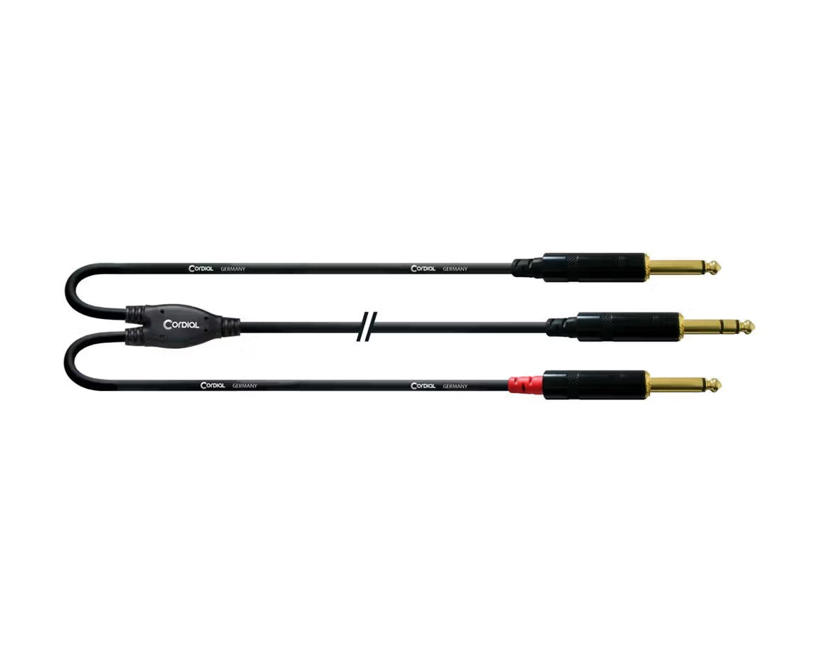 Cordial Essentials REAN Plug 6.3mm Stereo Gold to 2x 6.3MM Mono Gold - Long Pigtail Side (1.5m)