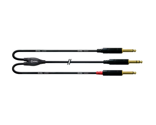 Cordial Essentials REAN Plug 6.3mm Stereo Gold to 2x 6.3MM Mono Gold - Long Pigtail Side (1.5m)