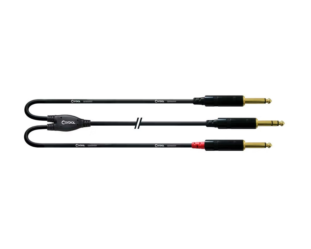 Cordial Essentials REAN Plug 6.3mm Stereo Gold to 2x 6.3MM Mono Gold - Long Pigtail Side (1.5m)