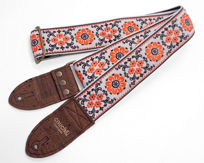 Couch Straps Cork and Orange Flowers Hippie Weave Guitar Strap
