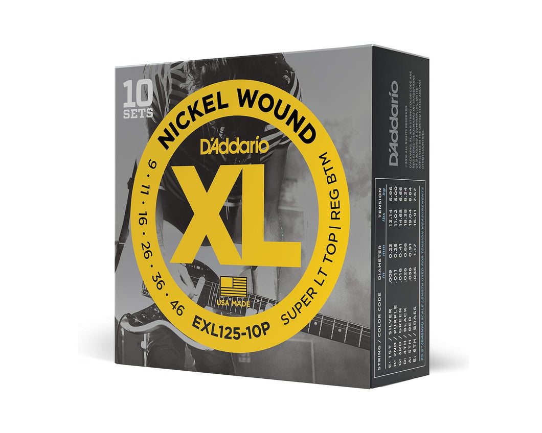 D'Addario EXL125-10P Nickel Wound Electric Guitar Strings Super Light Top/Regular Bottom 09-42 10 Sets