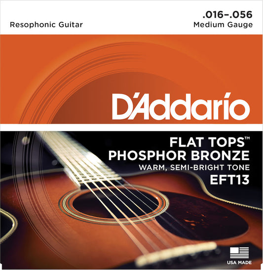 D'Addario EFT13 Flat Tops Phosphor Bronze Acoustic Medium Resophonic Guitar Strings 16-56