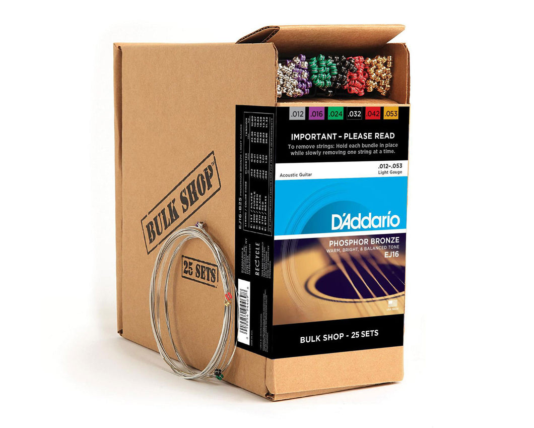 D'Addario D'Addario EJ16-B25 Phosphor Bronze Acoustic Guitar Strings, Light, 25 Bulk Sets