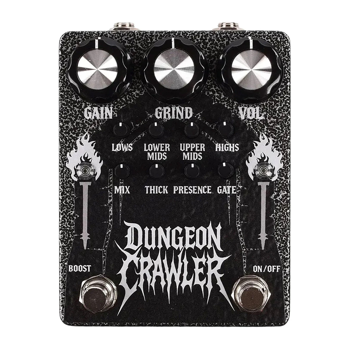 A black and silver Dungeon Crawler guitar effects pedal with three large knobs (Gain, Grind, Vol), white text labels, and flame graphics on a clean white background.