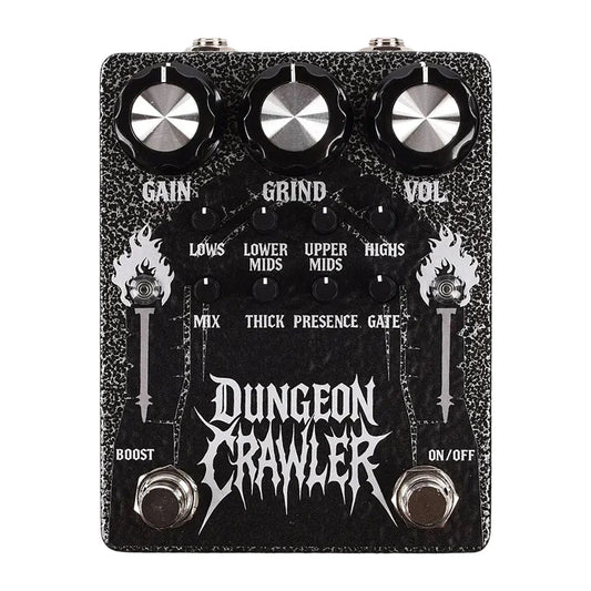 A black and silver Dungeon Crawler guitar effects pedal with three large knobs (Gain, Grind, Vol), white text labels, and flame graphics on a clean white background.