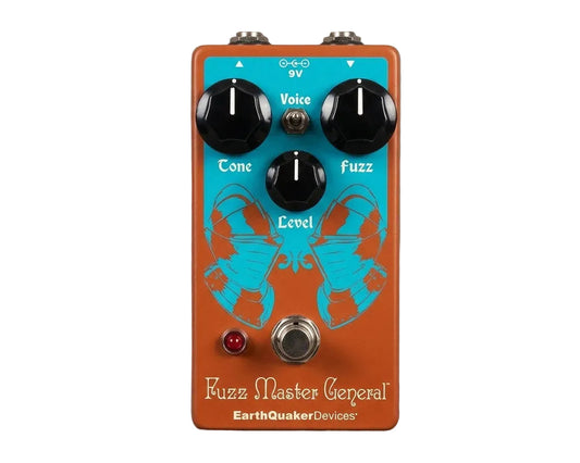 Guitar effects pedal with 'Fuzz Master General' branding on a gray background